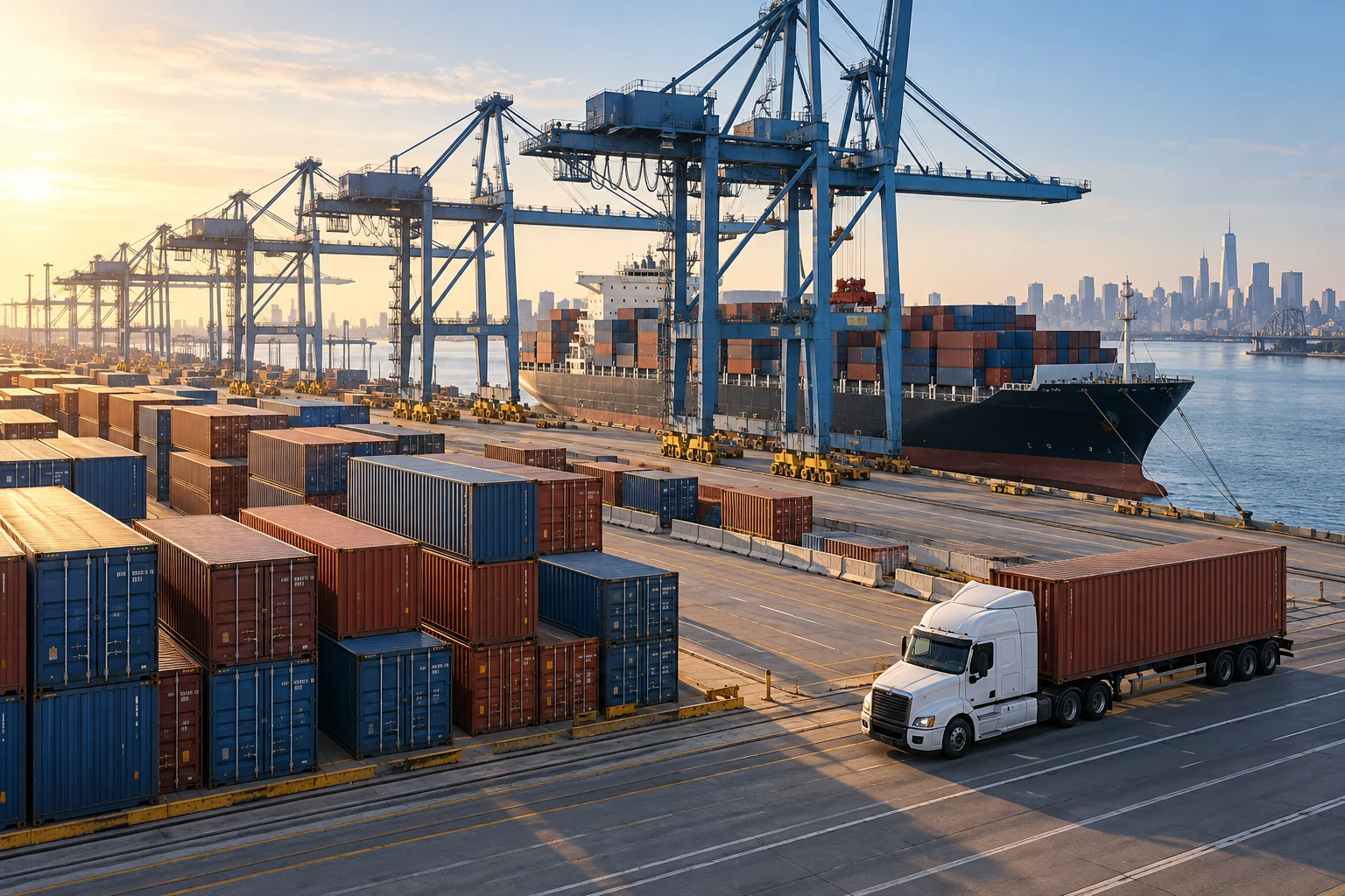 Illustration of container port operations with cranes, a cargo ship and a container truck